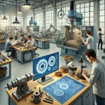 DALL·E 2025-03-02 00.44.46 - A modern mechanical engineering workshop with students working on lathes, milling machines, and CNC machines. Some students are assembling mechanical