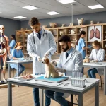 DALL·E 2025-03-02 00.46.56 - A modern veterinary science classroom with students learning animal care. The room includes anatomical models of animals, lab equipment, and a profess