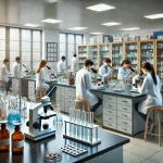 DALL·E 2025-03-02 00.48.13 - A modern pharmacy laboratory with students conducting experiments, analyzing chemical compounds, and using microscopes. The room is well-lit, equipped