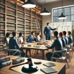 DALL·E 2025-03-02 00.49.02 - A modern law classroom with students engaged in legal discussions, some referring to law books and case studies. A professor stands at the front, expl